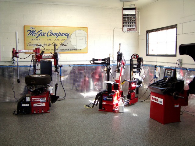 McGee showroom with shop equipment, balancers, and tire changers.