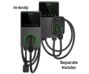 Residential EV chargers shown with in-body and separate holster configurations.